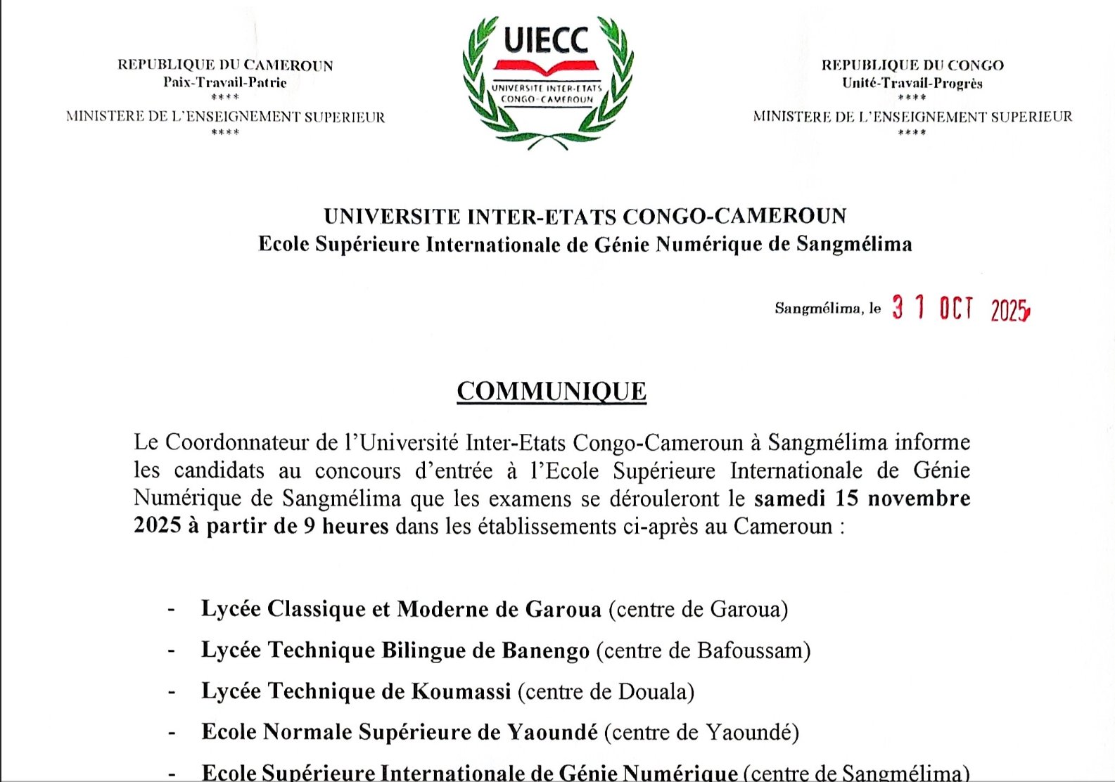 Concours d'entrée à l'ESIGN de Sangmélima : centres d'examen et planning des épreuves